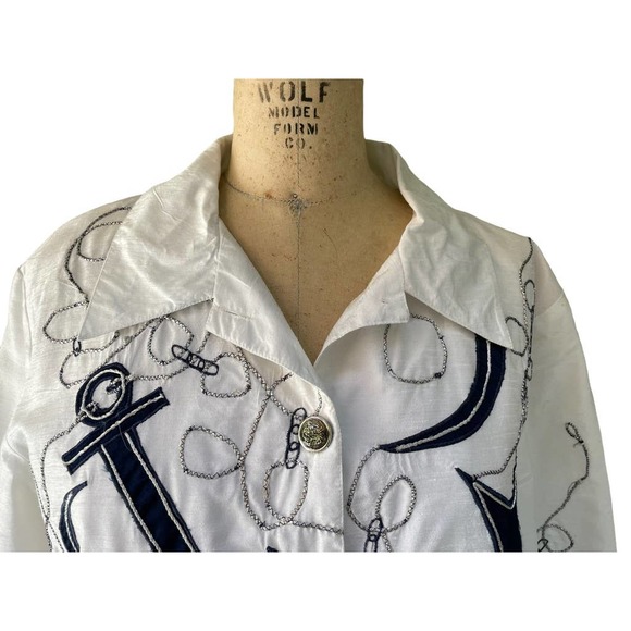 White Nautical Anchor Embroidered Button Front Long Sleeve Shirt SIZE XL - Picture 2 of 7